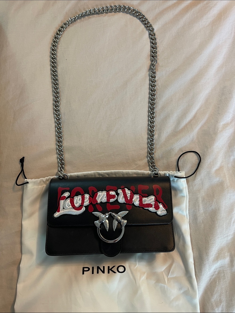 Pinko Black Leather Crossbody with Red & White 'Forever' Embroidery